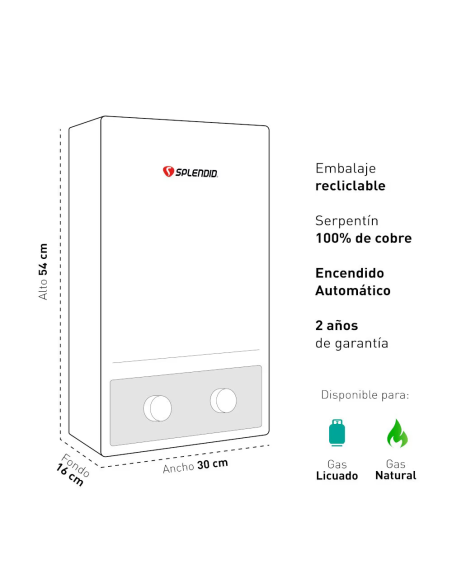 Calefont 8 litros Gas licuado Tiro natural Splendid