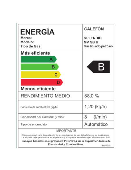 Calefont 8 litros Gas licuado Tiro natural Splendid