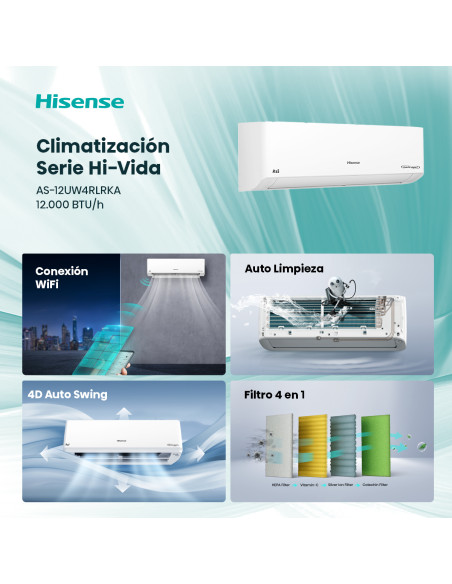Aire Acondicionado Hisense 12000 BTU Hi-Vida - Inverter Expert  AS-12UW4RLRKA